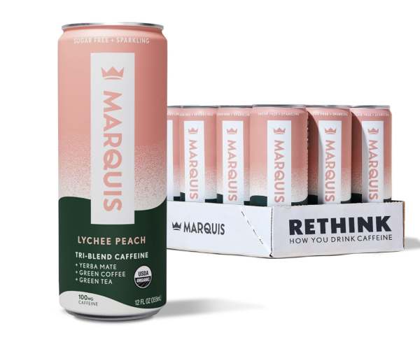 Marquis - Natural Energy Drink - Lychee Peach - Sugar Free - 0 Calories - 100mg of Organic Plant Based Caffeine - Yerba Mate - Green Tea - Vitamin C & B Vitamins - Vegan - 12 oz Cans - 12 Pack